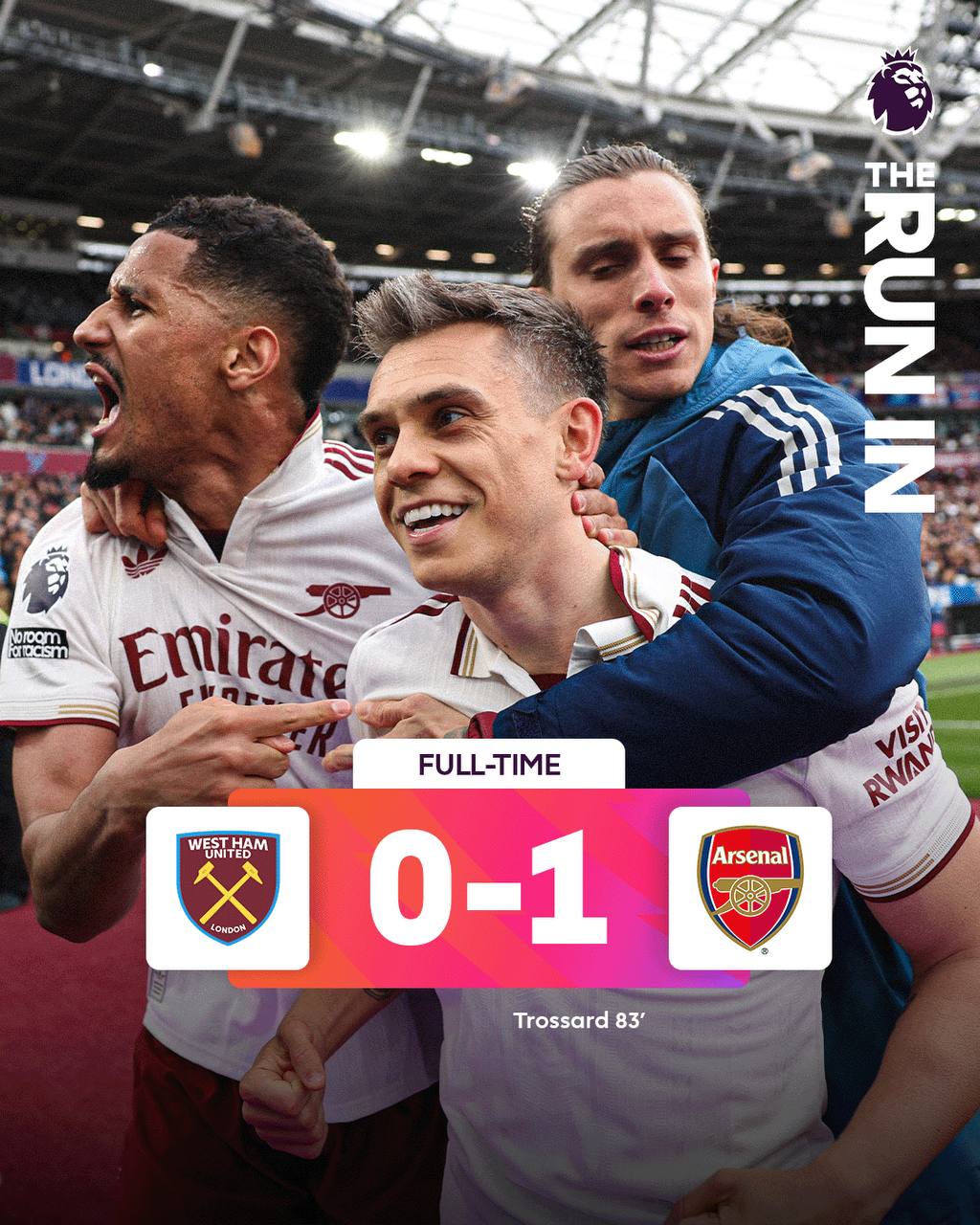 Arsenal beat West Ham, 2 wins to winning the Premier League